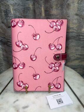 Coach Pink Cherry-Print Leather Notebook Planner with Magenta Snap